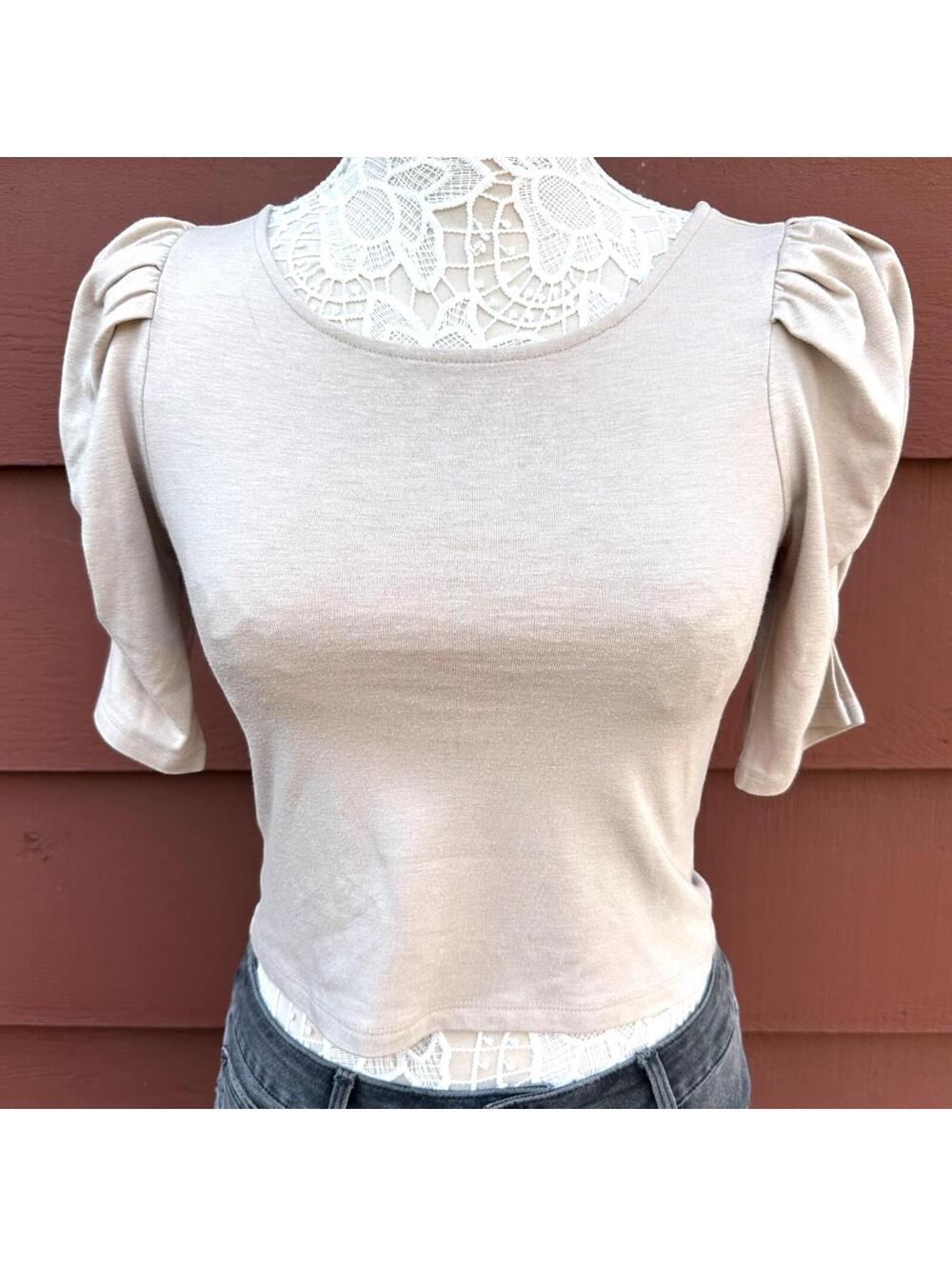 Leith Oatmeal Dramatic Puff Sleeve Structured Knit Top